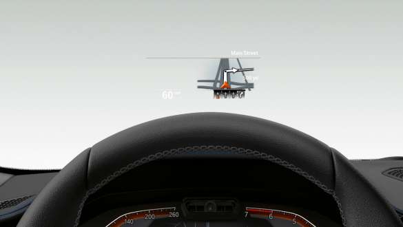 BMW serije 3 Limuzina, BMW Head-Up Display. Prednji detaljan prikaz pola upravljača i vjetrobranskog stakla BMW-a serije 3 Limuzina s opcijom BMW Head-Up Zaslon.