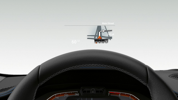 BMW serije 3 Limuzina, BMW Head-Up Display. Prednji detaljan prikaz pola upravljača i vjetrobranskog stakla BMW-a serije 3 Limuzina s opcijom BMW Head-Up Zaslon.