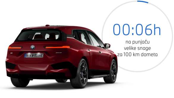 BMW iX i20 električni SUV; Javno napajanje BMW-a iX xDrive50 BMW iX i20 2021 električni SUV; BMW iX xDrive50 Aventurin Red boje prilikom napajanja na javnoj stanici za napajanje velike snage