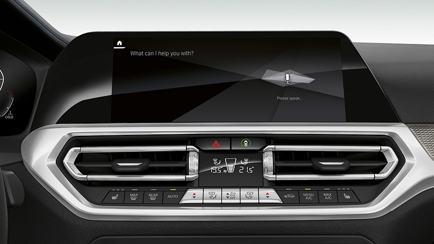 BMW serije 3 Limuzina (G20), BMW Intelligent Personal Assistant. Prednji krupni plan kokpita BMW serije 3 Limuzine (G20) s BMW Intelligent Personal Assistant.
