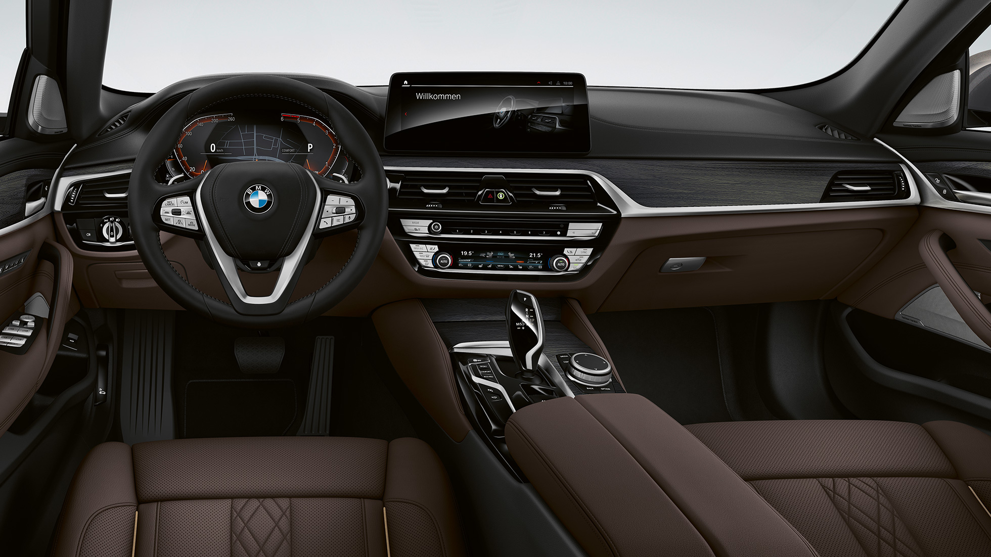Kokpit BMW serije 5 limuzina G30 Luxury Line Kokpit BMW serije 5 limuzina 520d xDrive G30 2020 Luxury Line Exclusive koža 'Nappa' Mokka sa ekskluzivnim prošivnim trakama u kontrastu unutrašnjosti