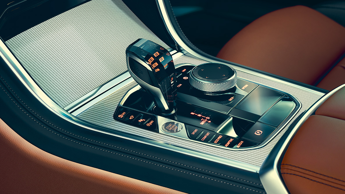 BMW serije 8 Coupé, središnja konzola. Detaljan prikaz unutrašnjosti BMW-a serije 8 Coupé s fokusom na središnju konzolu.