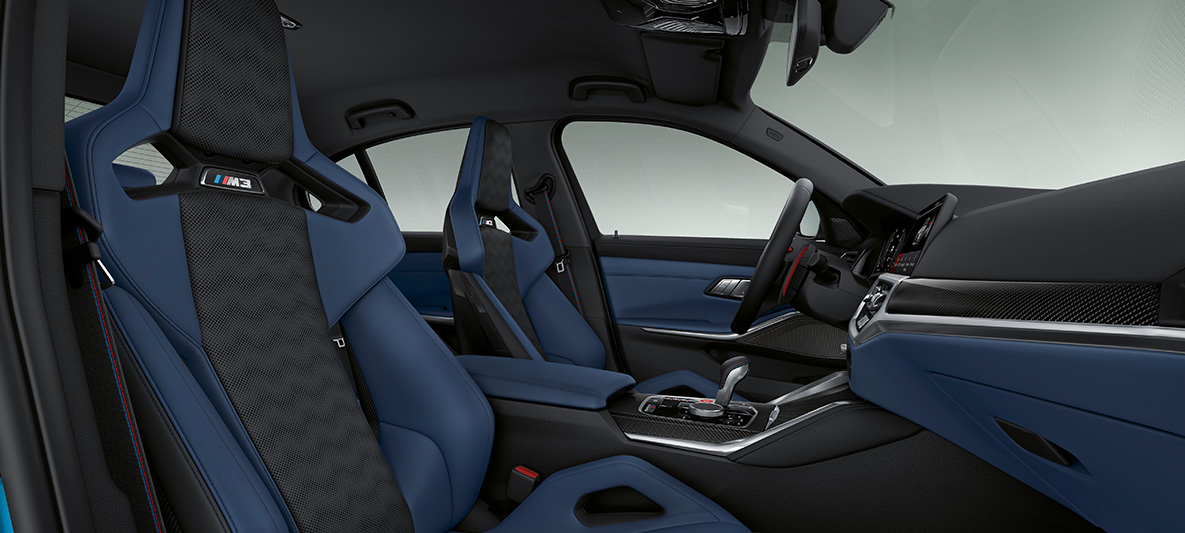 BMW Individual fina koža 'Merino' Fjord Blue/Black BMW M3 limuzina G80 2021 unutrašnjost BMW Individual fina koža 'Merino' Fjord Blue/Black BMW M3 limuzina G80 2021 unutrašnjost
