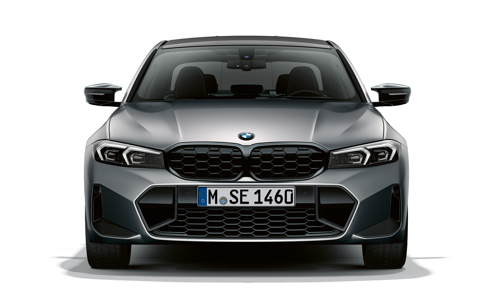 Pogled sprijeda BMW rešetka bubrega BMW M340i xDrive Limuzina G20 BMW M340i xDrive Limuzina G20 BMW Individual Frozen Pure Grey metalik pogled spriejda s BMW rešetkom bubrega