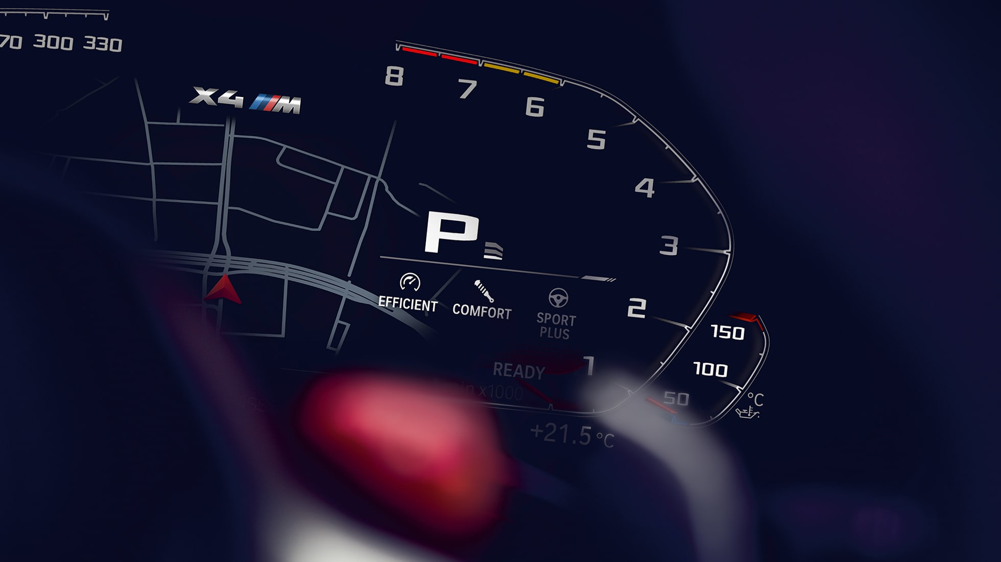 BMW X4 M Competition, brojač okretaja. BMW X4 M Competition, unutrašnjost, digitalna instrument ploča s brojačem okretaja.