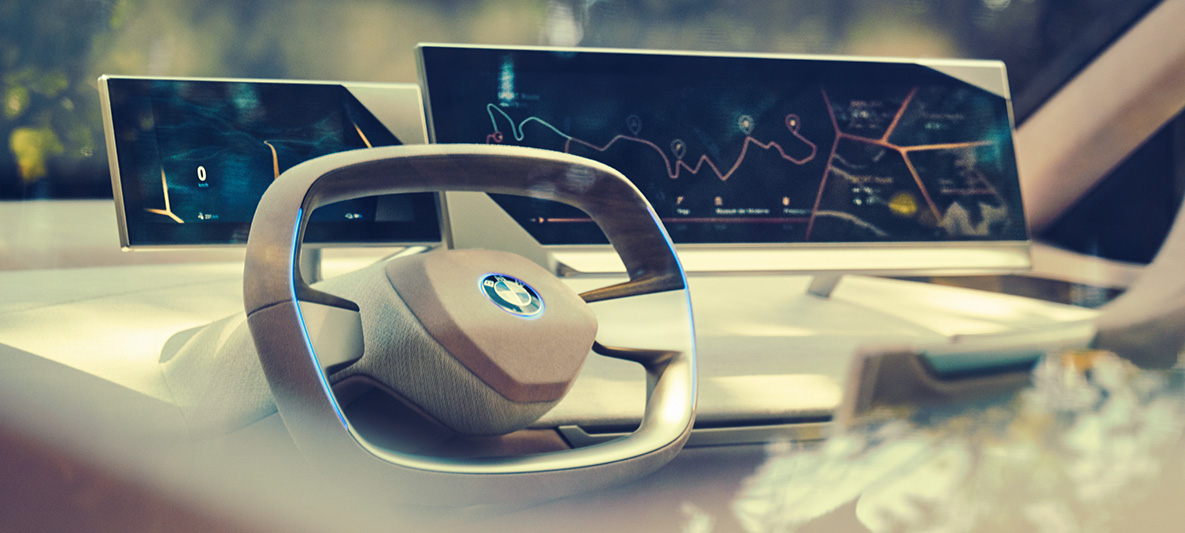 Unutrašnjost BMW-a Vision iNEXT Unutrašnjost BMW-a Vision iNEXT s upravljačem i nadzornom pločom