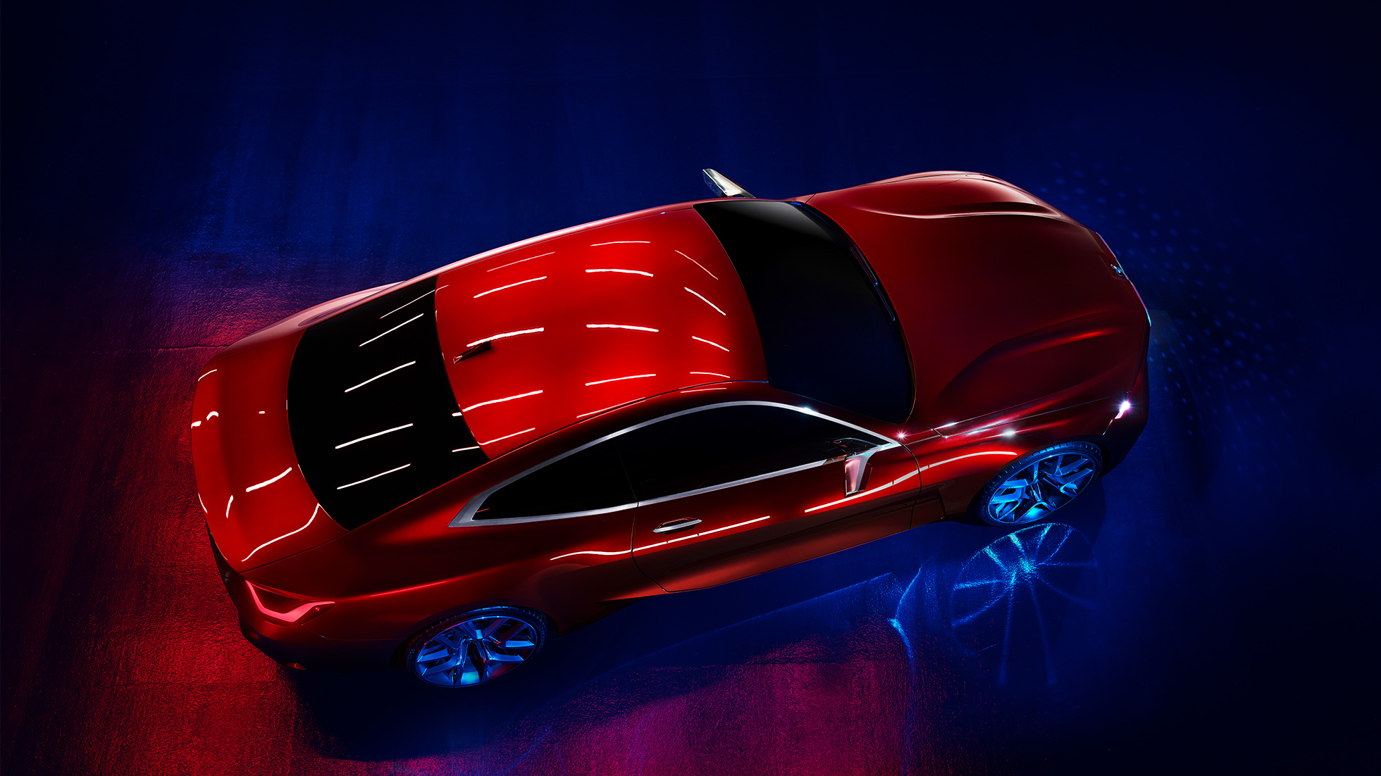 Uzbudljiva vanjština u boji Forbidden Red BMW Concept 4 Uzbudljiva vanjština u boji Forbidden Red BMW Concept 4 dizajn vanjštine iz ptičje perspektive