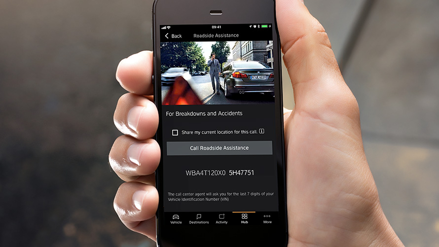 BMW Road Side Assistance putem Connected App. Prikaz BMW Road Side Assistance na pametnom telefonu putem Connected App.