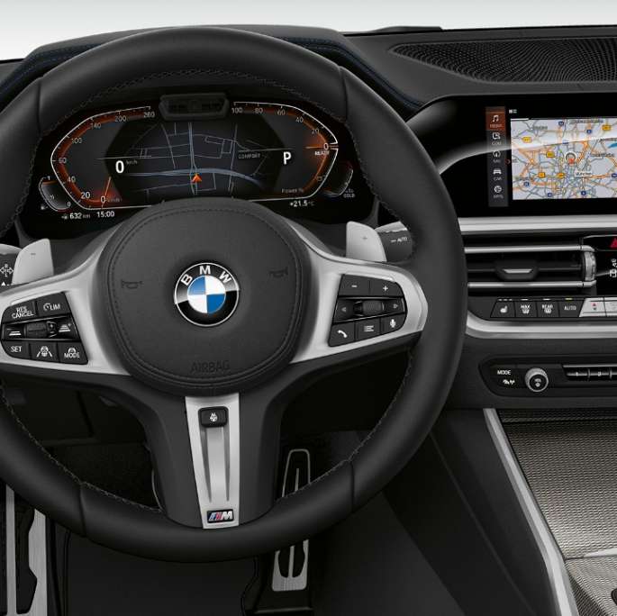 BMW serije 3 Limuzina, Model Sport Line kokpit. Prednji detaljan prikaz vozačevog kokpita BMW-a serije 3 Limuzina sa značajkama Modela Sport Line.