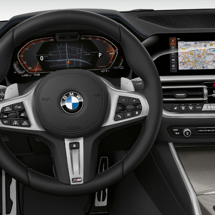 BMW serije 3 Limuzina, Model Sport Line kokpit. Prednji detaljan prikaz vozačevog kokpita BMW-a serije 3 Limuzina sa značajkama Modela Sport Line.